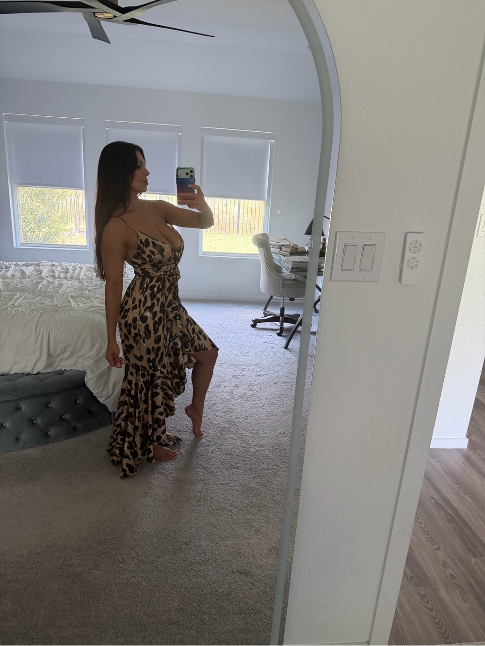 Spaghetti Strap Leopard Print High-Low Dress - Brown